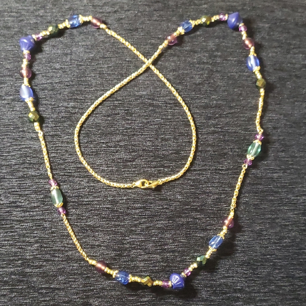 LIZ CLAIBORNE Gold Multicolor Lucite Acylic Beaded Necklace Blue Green Purple